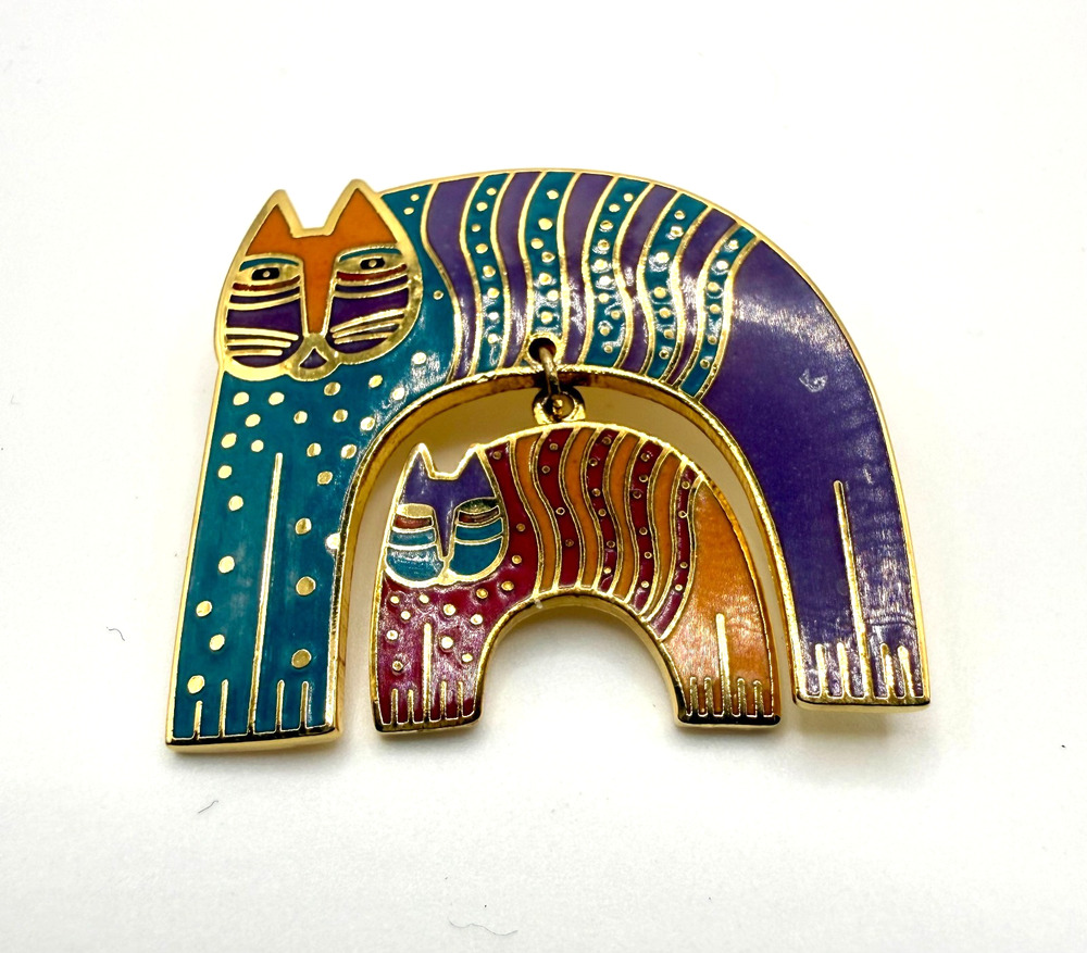 Vintage Laurel Burch Mr. Jio's Cat & Kitten Dangle Charm Enameled Brooch Pin